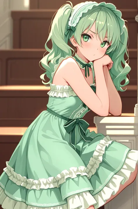 8k,masterpiece, best quality, ultra detailed, high resolution, super fine illustration, 1girl in sweet lolita dress, solo, wavy hair, twintails,
cute pose, brown and mint green tone,