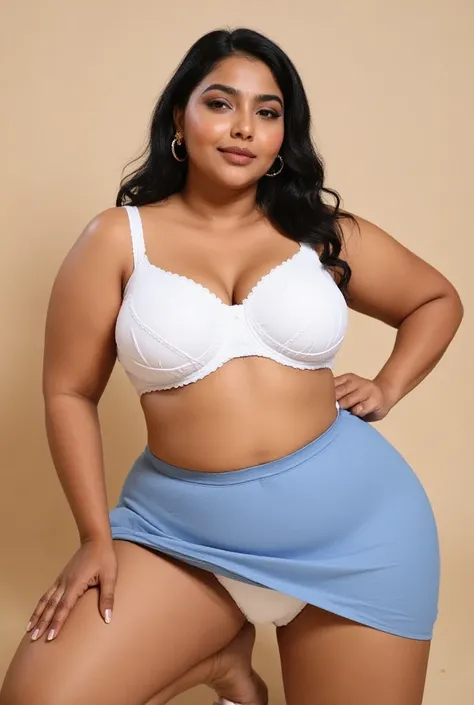 curvy plus-size Indian woman with wide fleshy belly, fat thick thighs ,sits on knees on the floor she lifts the blue skirt upto her white panty, she wears a small white bra exposing her breasts cleavage