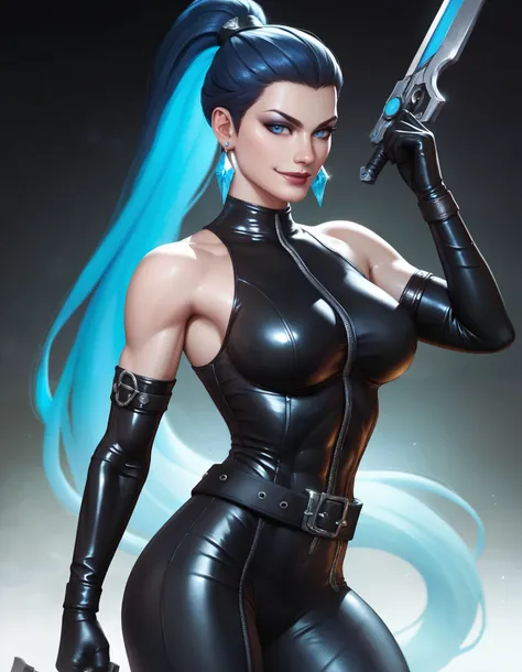 female black sleeveless latex bodysuit, black belt, racerback, bare shoulders, long gloves, black gloves, toned arms, beautiful faces, black ponytail with showing forehead, long ponytail, earrings, soft smooth skin, pale skin, pale complexion, black backgr...