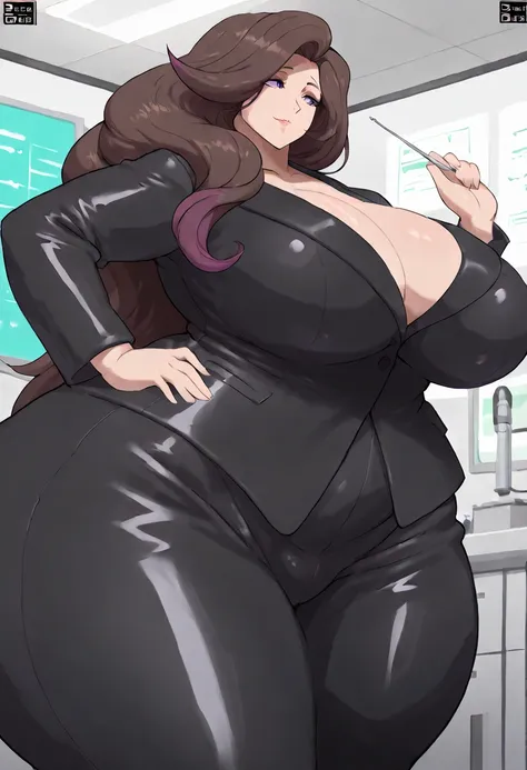 Masterpiece,best quality,high resolution,1 girl, cowboy shot, brown hair,long hair, purple eyes, eyeliner,latex suit ,black suit , purple highlights,lab,((mature fingers)),Voluptuous body, curvy body, accurate fingers,hyper hips, hyper love handles 