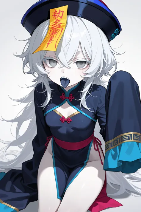 Chinese clothes, detatched sleeves, hat, jiangshi, long sleeves, sleeves past fingers, very long sleeves, ofuda, qingdai guanmao, white hair, crossed bangs, pale skin, dark blue tongue, white eyelashes, grey eyes, empty eyes, sharp teeth, tongue out, big m...