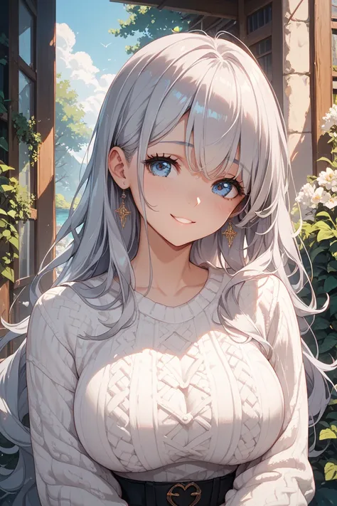 Silver hair, long hair, character style, smiling face, ｛{{{super big breasts}}}｝, White knitted clothing, cute, shy, beautiful girl, anime, warm, blue eyes, staring, sexy