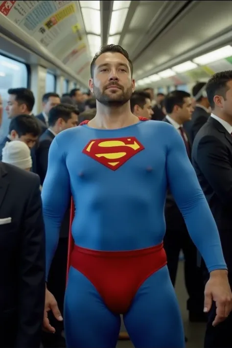 A beefy man in his 40s, a former rugby player with a short beard, clad in a tight superman costume, sitting in a crowded Japanese train, wearing red briefs on the blue full body suit, he is peeing a white urine resembling A translucent milky lotion, [Do no...