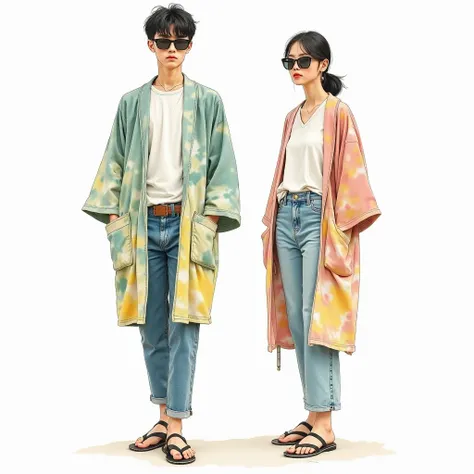 candid fashion illustration of young male and female supermodels, tall and slender,  (show front and back view of the outfits). wear a contemporary Tie-dye short Yukata Jacket patchwork of natural tie dye, combination of naturally soft pastel green, yellow...