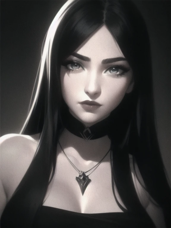  The image shows a black and white portrait of a woman with an artistic style that seems inspired by animation or digital art.  He has a serious and intense expression , with striking and outlined eyes , slightly arched but mostly straight eyebrows,  and c...