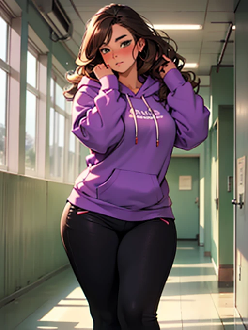 Big plump young woman wearing tight purple hoodie and black pants in school hallways, cheek blush, long wavy brown hair, trying to fix her hair