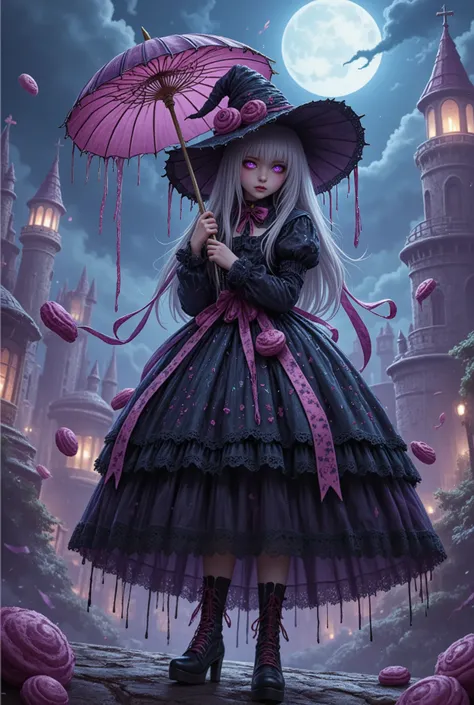 （whole body：1.7）best quality), (ultra-detailed), (intricate lace:1.3),  gothic lolita witch, (melted macaron color scheme:1.2), (glowing rainbow eyes:1.4), (skeletal parasol with sugar filaments:1.3), (floating ribbons with screaming face macarons:1.5), (t...