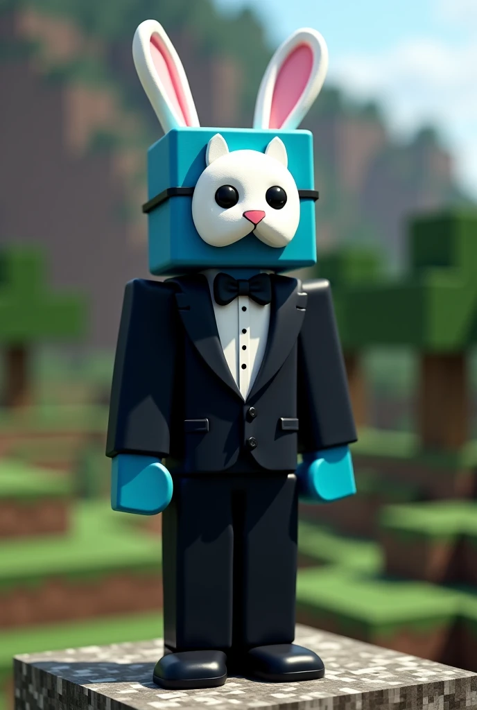 a minecraft character with blue skin tuxedo and white bunny mask