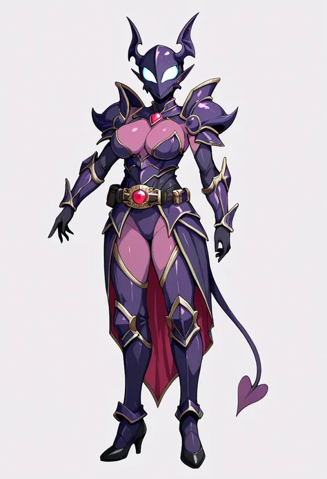 Top quality, full body, standing, from front,looking at viewer,white background, no human features,A succubus-like female humanoid monster,large breasts, glamourous,non-human features,no human face,fully succubus,chitinous armor,henshin belt on waist rider...