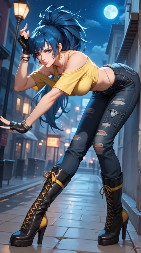 Sexy leona heidern,  blue eyes,  long hair,  dark blue hair,  triangle earrings, dog tags,  wearing a mustard yellow off-shoulder blouse,  black denim pants,  high heel boots, pocket chain , bracelets on the hands ,  fingerless gloves , pink lips,  of foot...