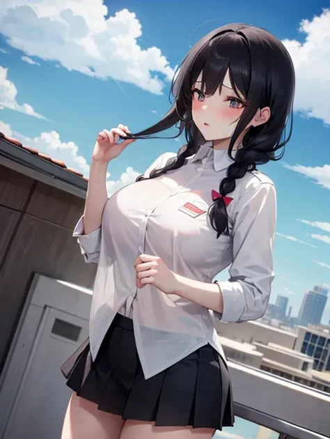  school rooftop during lunch break, blue sky, Woman in uniform,  shirts, Long black hair braid, blush, Flushing, panic