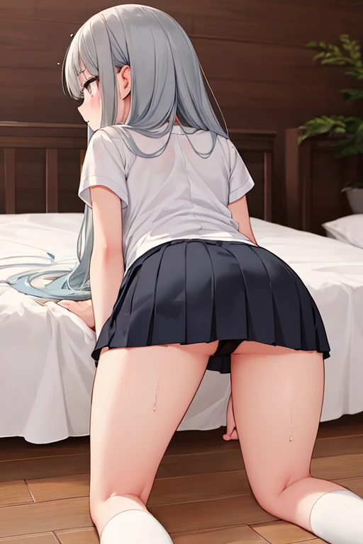  anime style, back view of one girl, bright bedroom ,Black floor, knee-high bed , white short sleeve blouse, gray pleated mini skirt , white socks , has firm buttocks and thighs ,Put both knees on the floor 、 place your hands on the bed 、 Lift Hips 、 lean ...