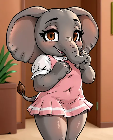 Little female elephant with nice big thighs and pretty brown eyes and she's wearing a short dress with a mini skirt and she's a girl and she's very cute.