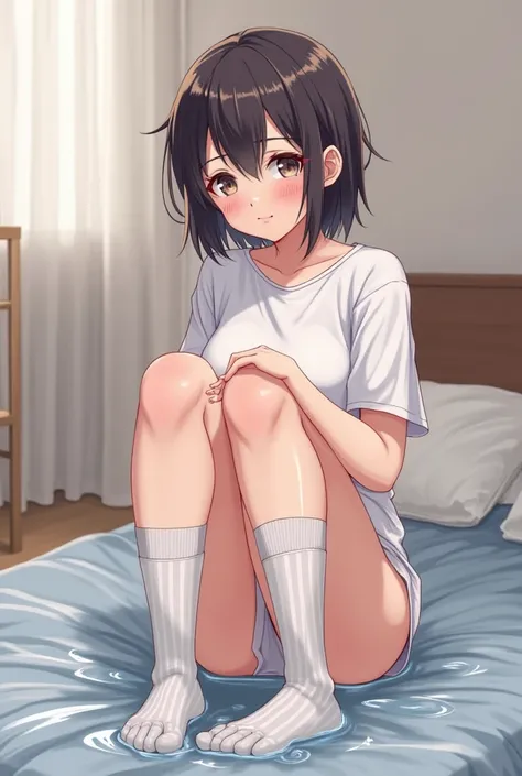 Anime style, young girl sitting on a bed with her legs apart, wet panties, small breasts but thick thighs,tight wet long socks and a white t-shirt clinging to her body, She is blushing, short messy hair with bangs covering her forehead 