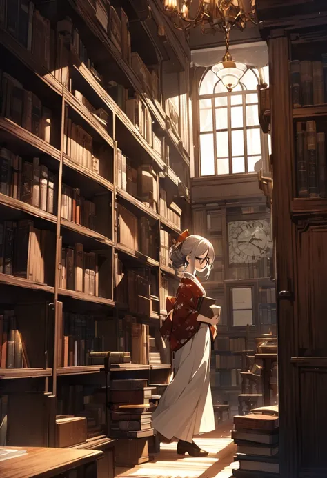 "Inside an elegant Taisho era library with high wooden shelves and a grand chandelier. A young woman in a vintage kimono and round glasses reads a book by the window, sunlight streaming in. The library is filled with old books, an antique clock, and warm w...