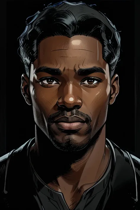 A handsome and pleasant-faced African American male with medium-length coily black hair. Dark cinematic comic animation style with clean, sharp lines and muted tones. Detailed expressions and smooth gradients. Symmetrical eyes. Symmetrical face. Full color...