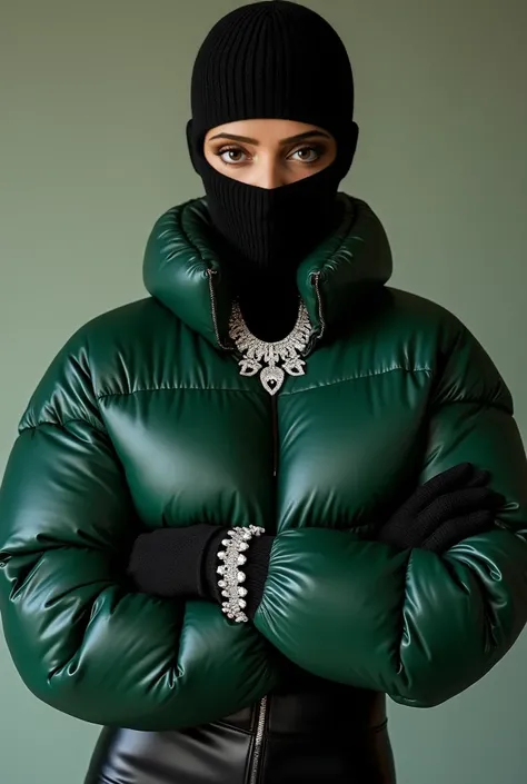 A breathtaking woman radiates unshakable confidence as she stands with poise, wrapped in the soft embrace of a green puffy-designed turtleneck sweater. She pairs it with sleek, form-fitting black latex pants that accentuate her silhouette, creating a strik...