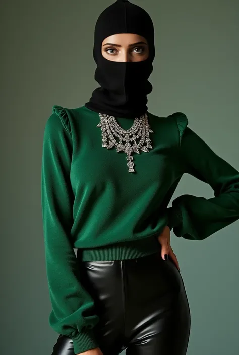 A breathtaking woman radiates unshakable confidence as she stands with poise, wrapped in the soft embrace of a green puffy-designed turtleneck sweater. She pairs it with sleek, form-fitting black latex pants that accentuate her silhouette, creating a strik...