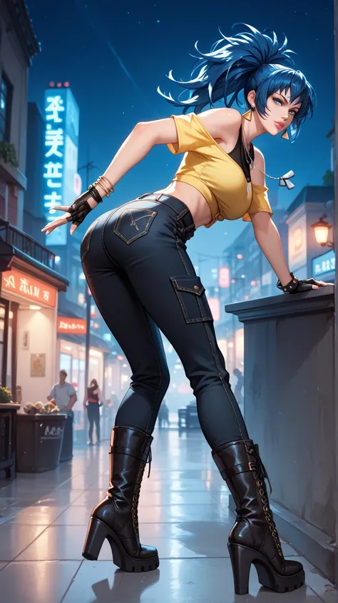 Sexy leona heidern,  blue eyes,  long hair,  dark blue hair,  triangle earrings, dog tags,  wearing a mustard yellow off-shoulder blouse,  black denim pants, high heel boots, pocket chain , bracelets on the hands ,  fingerless gloves , pink lips,  of foot,...