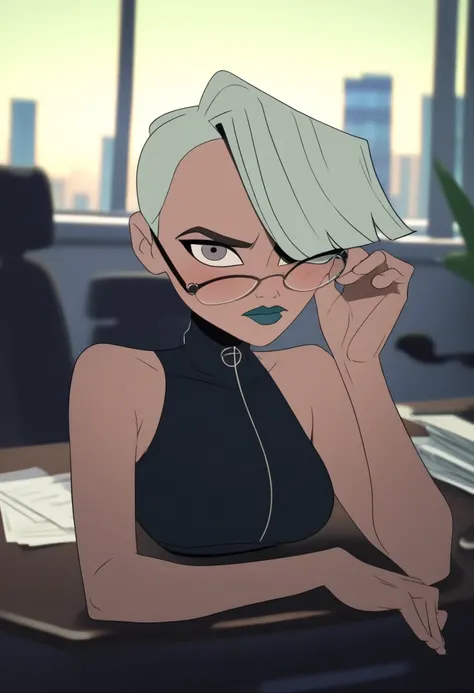 zPDXL, score_9,score_8_up,score_7_up,_up,source_cartoon, best quality, amazing quality, masterpiece, 1girl, looking at viewer, solo, cute, blush, in office,  sunny, cheekbones on the face, city,  contour_deepening,depth of field, huge filesize,wallpaper,ba...