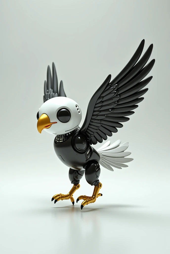 SUPER REAL, chibi, android in the shape of a bald eagle, one bald eagle, bald eagle is depicted in its entirety, gliding in the sky, wings spread right across, legs extended right back, head and tail white metallic, cute, body black metallic, beak and legs...