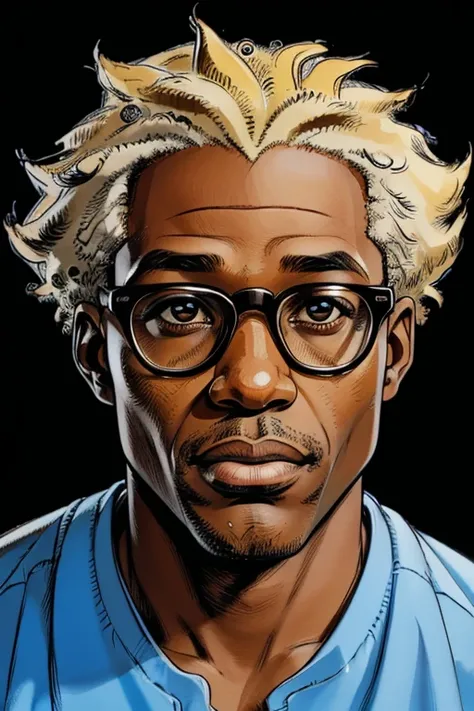 A handsome pleasant-faced and clean-shaven African American male nerd. He wears glasses. He is 33 years old. He sports coily Einstein-style hair. Comic-style realism animation mixed with digital painting. Polished and realistic effect. Emphasis on detailed...