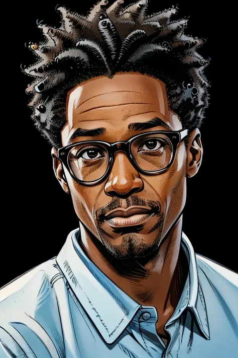 A handsome pleasant-faced and clean-shaven African American male nerd. He wears glasses. He is 33 years old. He sports coily Einstein-style hair. Comic-style realism animation mixed with digital painting. Polished and realistic effect. Emphasis on detailed...