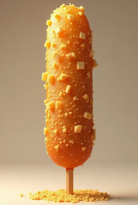 corndog coated with some small potato bits and breadcrumbs