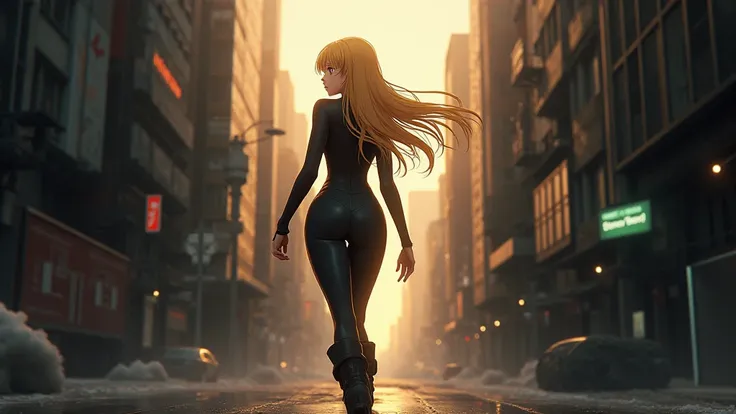 Beautiful, anime girl, she is looking back, in a dark city, blonde, dark boots and suits, escaping from anyone real total body lot of light sun