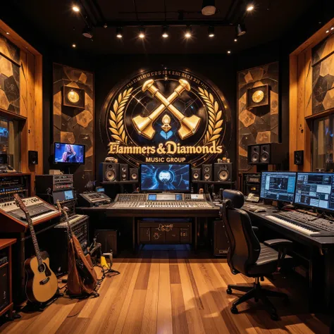 A state-of-the-art music recording studio, meticulously equipped with high-end audio production gear: a large mixing console with glowing LED meters, an array of analog synthesizers, drum machines, and vintage compressors, alongside modern digital audio wo...