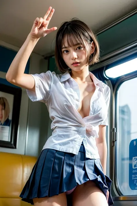 (8k、 RAW Photo、 top quality、 masterpiece:1.2)、( by Nomi、 Photoreal)、 girl,(  high school girl taking off her shirt from below pulls up her skirt on the train and shows off her panties:1.6)、( cute face:1.3)、Japanese  girl,( Japanese High School Student )、( ...