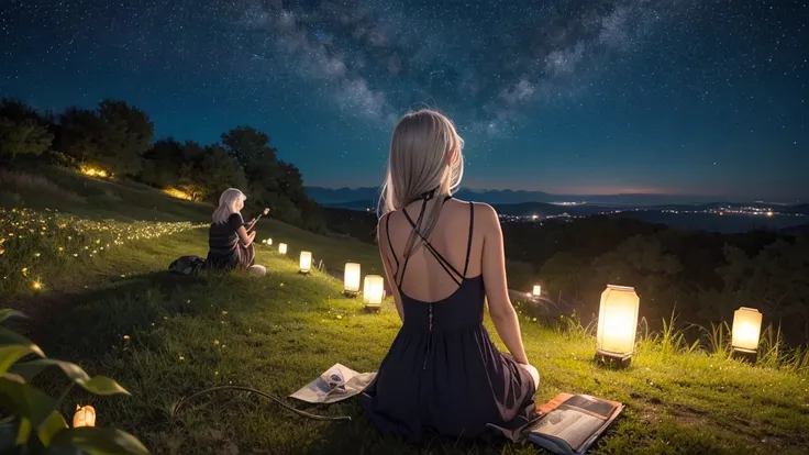 Woman sitting in the middle of a hill overlooking the starry sky, plants swaying lanterns, starry sky filling the screen.  Silver haired girl playing guitar in front of microphone girl's back, 4k, sad, &#39; art style, sunbathing flower garden, beautiful p...