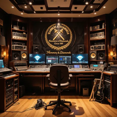 A state-of-the-art music recording studio, meticulously equipped with high-end audio production gear: a large mixing console with glowing LED meters, an array of analog synthesizers, drum machines, and vintage compressors, alongside modern digital audio wo...