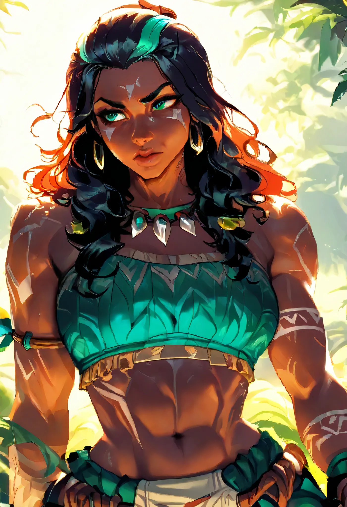 Score_9, Score_8_up, Score_7_up, Score_6_up, masterpiece, portrait, best quality, upper body, 1female, wide hips, taller frame, dommy mommy, dark skin, green eyes, muscular body, neutral expression, long curled hair, green tribal tattos, wearing a tribal o...