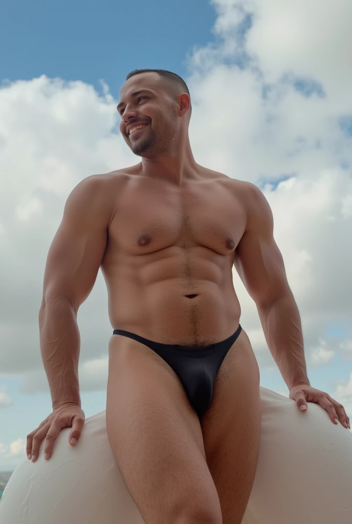 Handsome hunk men,lower angle,muscular body,toned muscles,wide shoulders,thin hips,wearing v-line string thong,low rise underwear revealing his bush ,penis print,vpl,pubic hair,leaning on cottom clouds,smile,stubble, cinematic, film grain, movie still, uni...