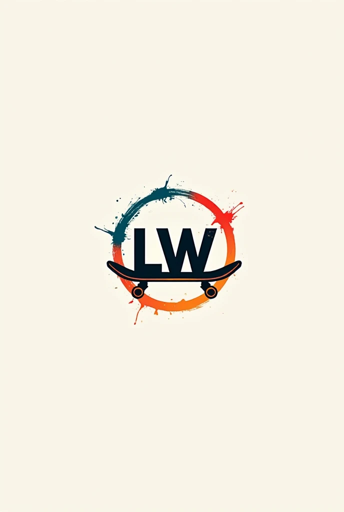 Logo with letters L W the letters must be on a minimalist skateboard made of brush strokes the logo must be a very simple circle but with colors that stand out 