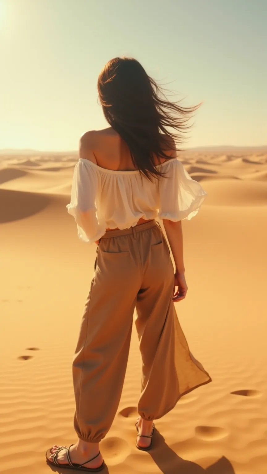 Prompt 4: Desert Mirage Disintegration
A hyperrealistic, high-resolution photograph of a woman in a sun-drenched desert landscape. Her flowing dark hair is partially swept back by the wind as she gazes thoughtfully toward the rippling dunes. A subtle disin...