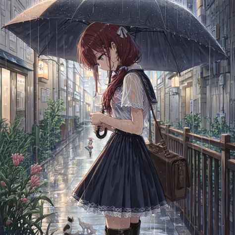  (Masterpiece, best quality), intricate details, JK, small breasts, toned arms, holding umbrella, looking down, bare arms, girl , head tilt, dark red hair, low twin tails, hair ribbons, stoic, gray eyes, white sleeveless collared shirt, dark blue skirt wit...