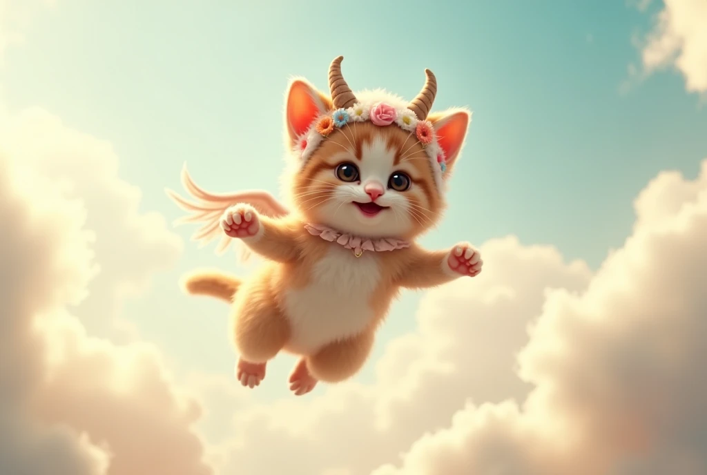  and the kitten wear a baby goat costume、Put flower decorations on your ears、Attach feathers to your back、Flying in the sky、 is laughing。
 real kittens。