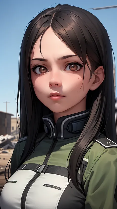  looking at spetactor, 1 college girl, solo, kharia, black hair, long hair, brown eyes, medium big chest, military suit, outdoot, apocalyptic scenary, 8k, uhd, hyper realist, cgi, high quality, perfect face, detailed eyes, peek a boo