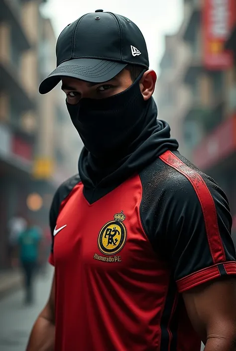 A free-fire type character with a black mask and black cap Flamengo jersey 