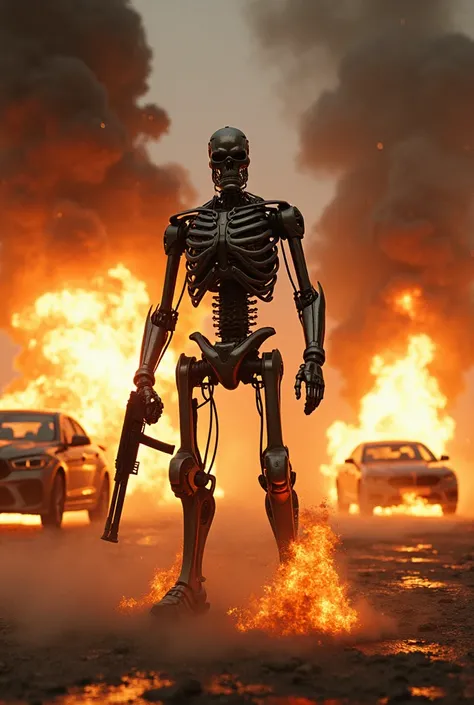  Make an explosion in a parking lot ,  throwing burning cars up high and exploding ,  And in the middle of the explosion an Android like the skeleton T800 from the movie Terminator, with the burning metallic body holding a military shotgun , being consumed...