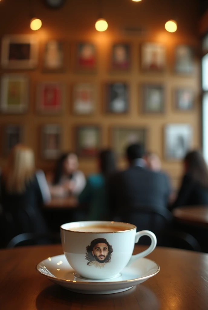 A movie scene from a coffee shop, a cup of tea, a background of many pictures of the singer Umm Kulthum, a high-quality picture, simple ordinary people, frosting, a studio photo, a slide, a shallow depth of field, a finet, high details, a big budget, a boo...