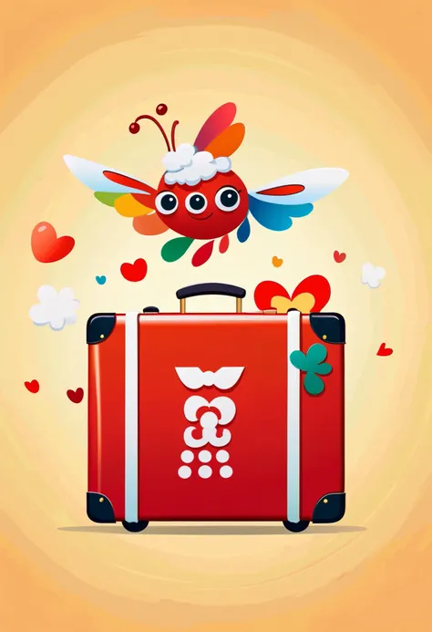Design a unique logo,(Abstract Chinese Grandma and Grandpa ),(An unusually large suitcase in the shape of an anthropomorphic flying playing card:1.7), red peach a,k, happy walking ,Team emblem , simple ,Gradient red,China Senior Travel Group,