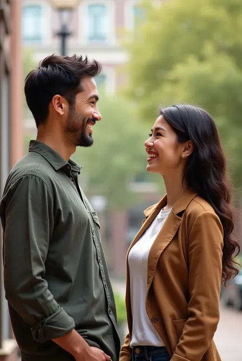 Two people talking smiling 