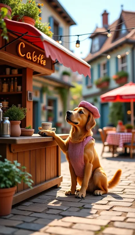 A small wooden café stall sits in the middle of a cozy village square, surrounded by potted plants, hanging string lights, and wooden tables with checkered tablecloths. A golden retriever, wearing a striped apron and a small barista hat, stands behind the ...