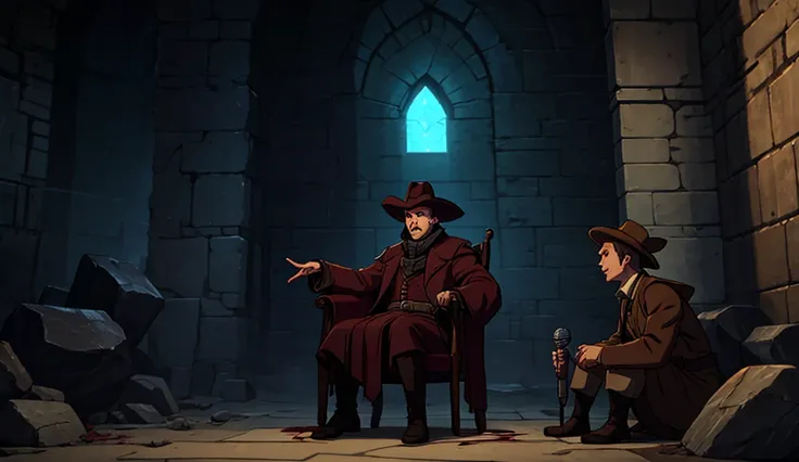 A male character with a Bloodborne-style hunter hat, sitting in a dungeon with stone walls. He’s talking with his hands while speaking into a simple, old-fashioned microphone. The style is cartoonish with bold outlines, simple shapes, and a fun, exaggerate...