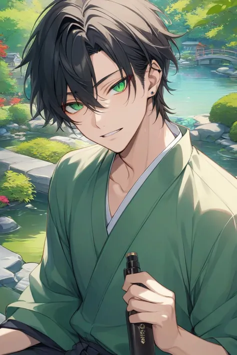 anime boy, handsome face, charming gaze, black hair, green eyes casual clothes style, japanese garden background (sharp eye details), sharp face details), (body details), (make clear and good pictures), (make 4k and 8k pictures), (masterpiece)