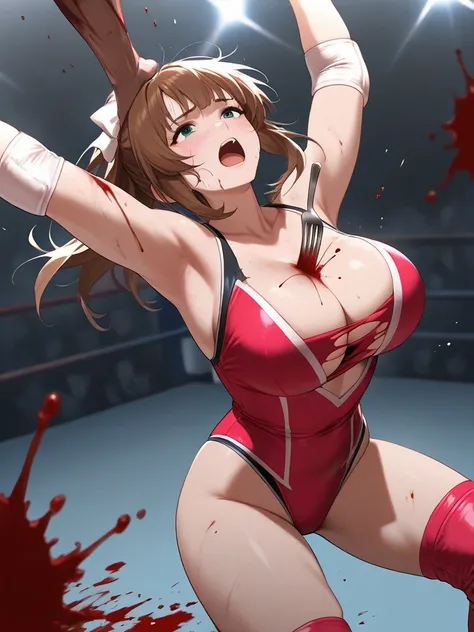 Female wrestler, Japanese, veteran, wrestling match, fork stuck in chest, blood splatter, defeat, falling, costume torn,