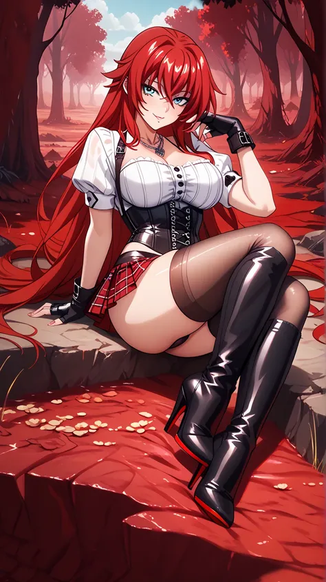   Sexy rias gremory, UHD,  wearing a very sexy corset,  mini skirt with straps,  thigh-high stockings, high heel boots,  fingerless gloves , necklace,  red hair,  long hair,  big breasts, voluptuous, In a reddish wasteland, pose sexy,  of foot, pose sexy, 